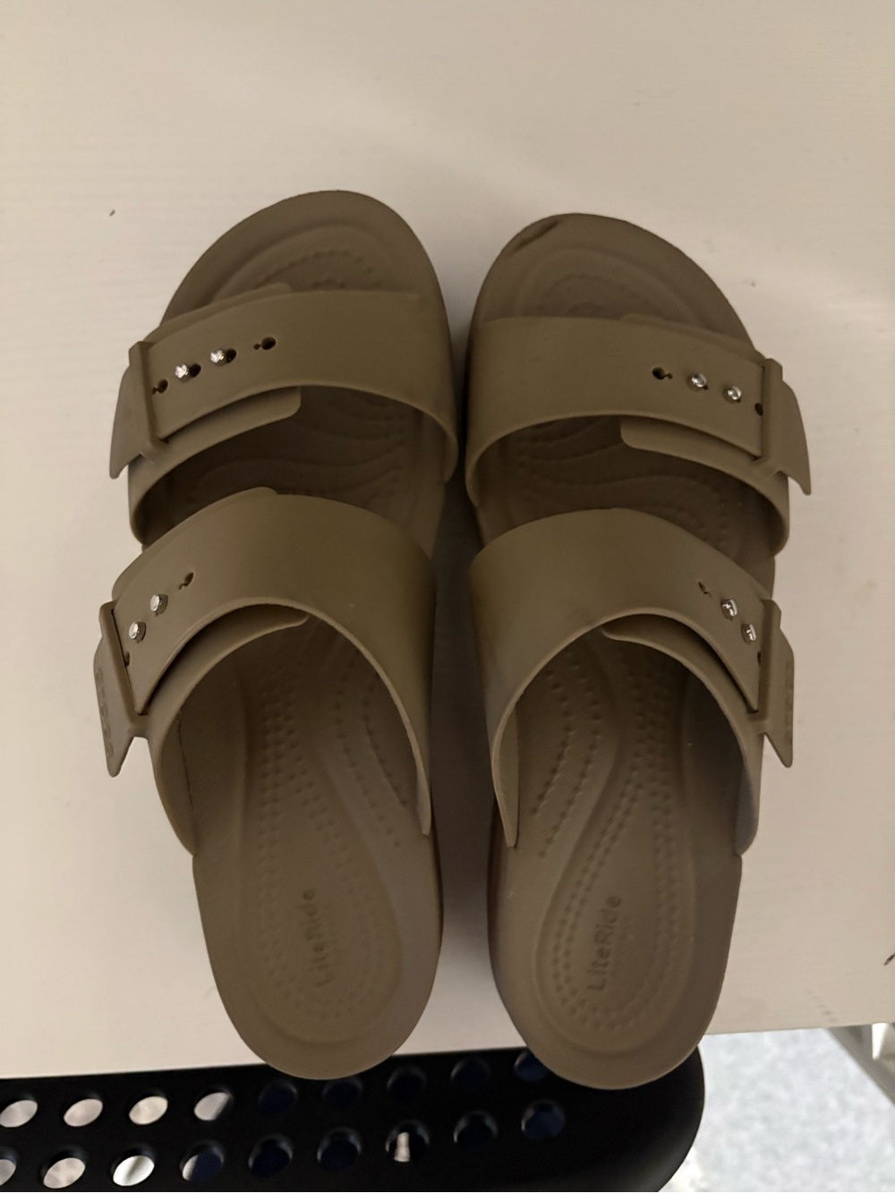 CROCS Women's Double Strap Slide Sandals in Olive Green with Metallic Accents